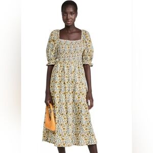 Rahi Anthropologie Cotton Puff Sleeve Vines Midi Dress Sunflower Woodblock Xs